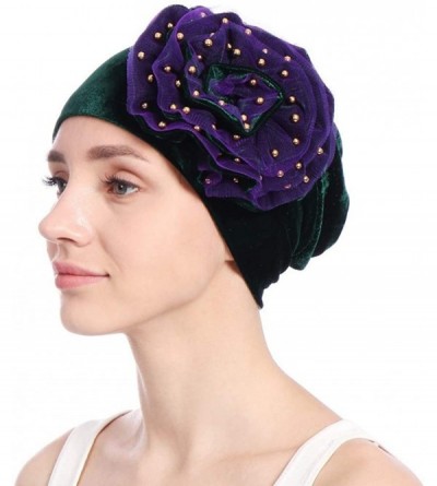 Skullies & Beanies Women Velvet Beading Flower Hat Cancer Chemo Beanie Cap - Green - CO18HWI0AZK $9.01