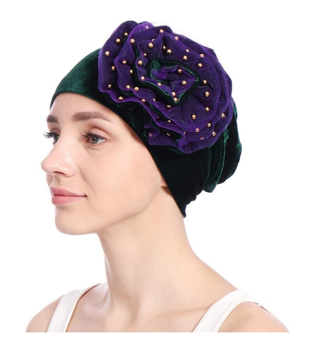 Skullies & Beanies Women Velvet Beading Flower Hat Cancer Chemo Beanie Cap - Green - CO18HWI0AZK $9.01