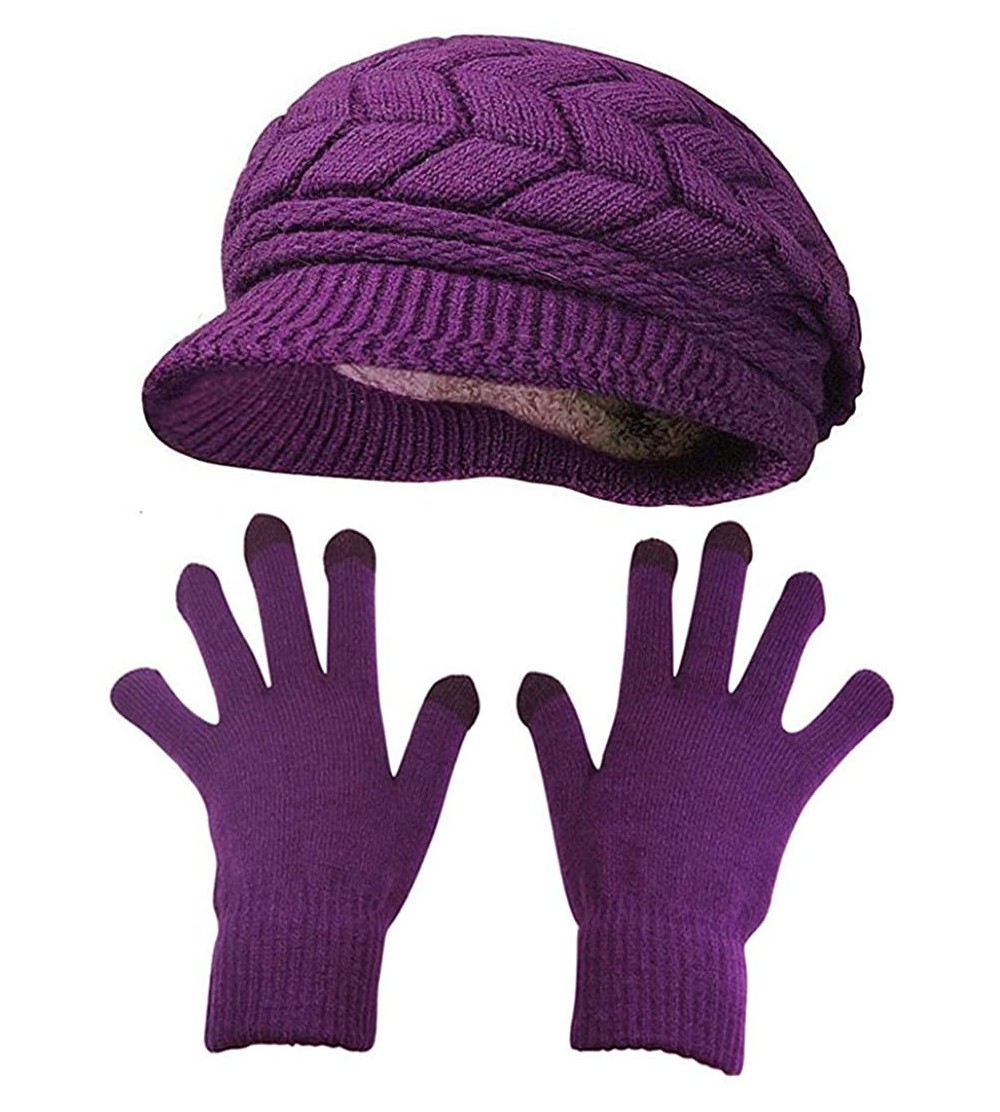 Newsboy Caps Winter Hats Gloves for Women Knit Warm Snow Ski Outdoor Caps Touch Screen Mittens - Hat and Gloves (Purple) - CX...