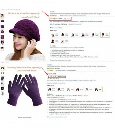 Newsboy Caps Winter Hats Gloves for Women Knit Warm Snow Ski Outdoor Caps Touch Screen Mittens - Hat and Gloves (Purple) - CX...