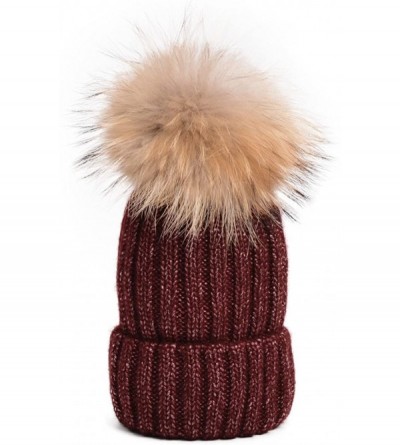 Skullies & Beanies Sparkle Threading Wool Crochet Knit Hat Pom Pom Winter Beanie Cap T263 - Wine With Natural Pom Pom - CU185...