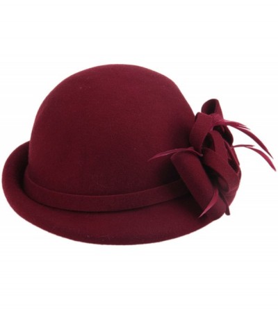 Bucket Hats Women's 100% Wool Church Dress Cloche Hat Plumy Felt Bucket Winter Hat - Burgundy - CR186L6DQIX $26.37