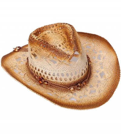 Cowboy Hats Men & Women's Woven Straw Cowboy Hat w/Hat Band - Bead_brown - CQ180O90G4Z $24.09