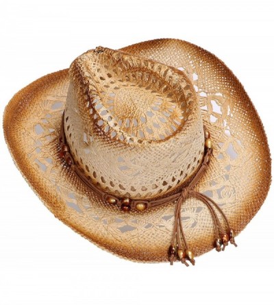 Cowboy Hats Men & Women's Woven Straw Cowboy Hat w/Hat Band - Bead_brown - CQ180O90G4Z $24.09