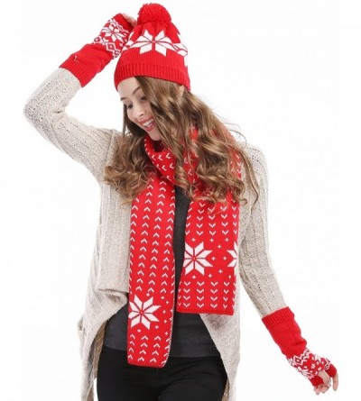 Skullies & Beanies Women Lady Winter Warm Knitted Snowflake Hat Gloves and Scarf Winter Set - Red - CJ11PPONBQ3 $21.77