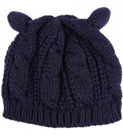 Berets Women Winter Wool Baggy Beret Beanie Cute Devil Cat Ear Crochet Braided Knit Hat Ski Cap - Navy Blue - C0199OSG49N $7.81