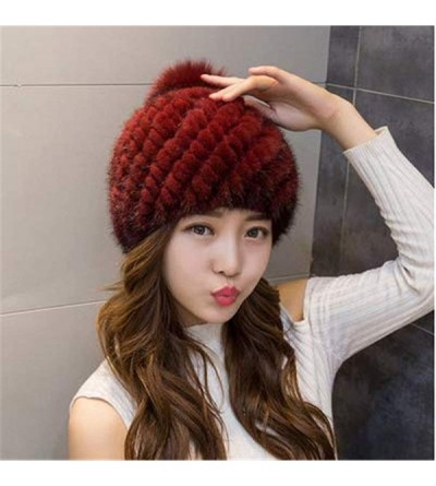 Visors Women's Winter Fur Bucket Hat with Real Mink Fur Thick Stripes Hats - Wine Red Knit-1 - CV192QLT4AZ $40.91
