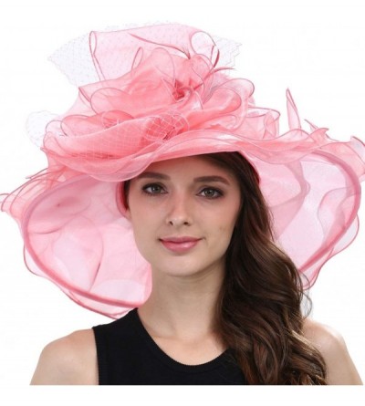 Sun Hats Women's Organza Feather/Veil Party Occasion Event Kentucky Derby Church Dress Sun Hat Cap - Pink - CW127B8MNGT $29.24