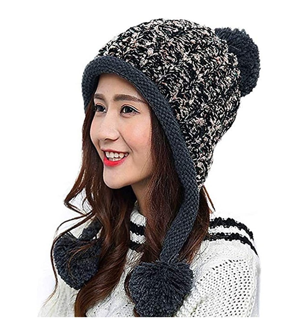 Skullies & Beanies Women Winter Soft Knitted Beanie Hat Ski Ear Flaps Caps for Girls Warm Hats - Black - CD189T42DN5 $21.93