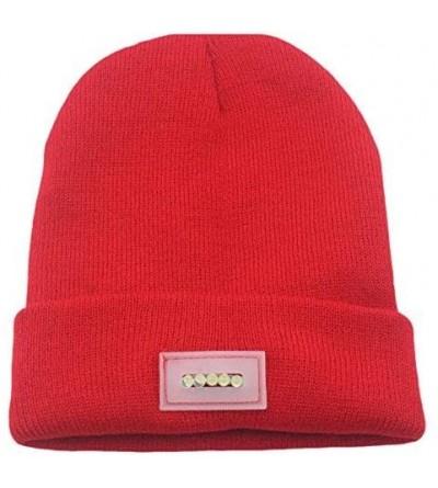 Skullies & Beanies Mens Winter 5 lED Lights Lighted Night Fishing Knitt Beanie Hat Cap Roll-up Brim - Red - CC1298505PJ $10.40