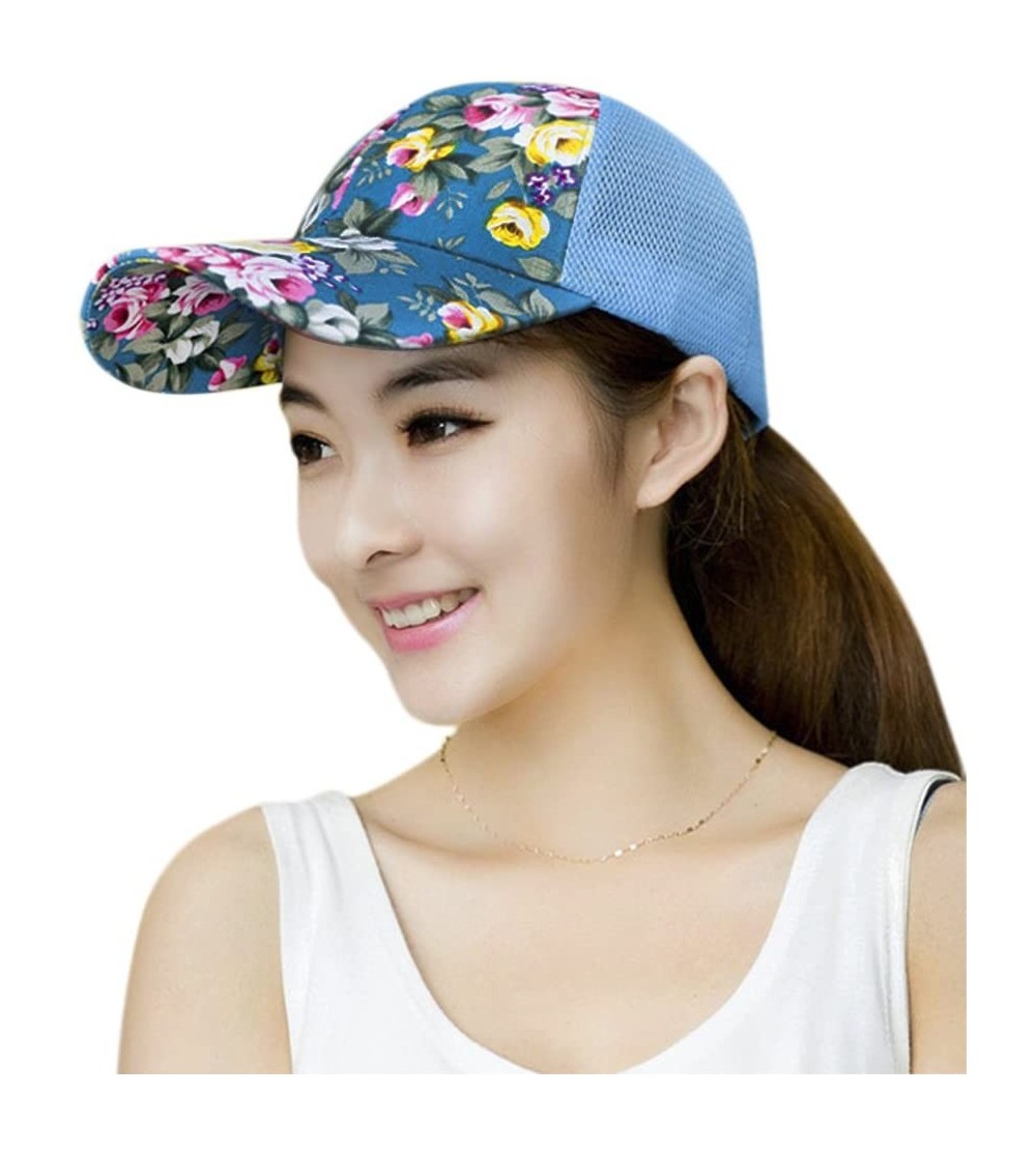 Baseball Caps Women Summer Floral Long Brim Baseball Cap Adjustable Mesh Anti-UV Sun Visor Hat - Blue - CO17Z54ETW3 $8.07