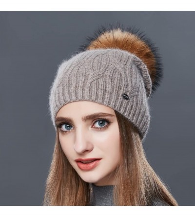Skullies & Beanies Wool Knit Slouchy Bobble Cap Unisex Winter Beanie Hat with Fur Ball Pom - Khaki - CU1867WHYU9 $29.66