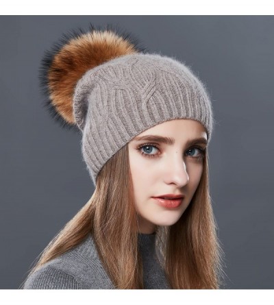 Skullies & Beanies Wool Knit Slouchy Bobble Cap Unisex Winter Beanie Hat with Fur Ball Pom - Khaki - CU1867WHYU9 $29.66