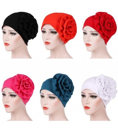 Skullies & Beanies Stylish Autumn Turban Cap with Side Bead Flower Muslim Hat Stretch Headwrap Head Scarf - Orange Red - C318...