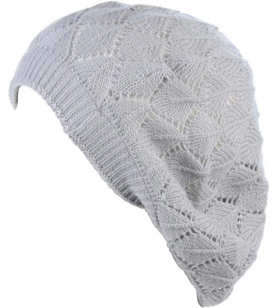 Berets Chic Soft Knit Airy Cutout Lightweight Slouchy Crochet Beret Beanie Hat - Silver Gray Leafy - CZ18L3R93IW $9.11