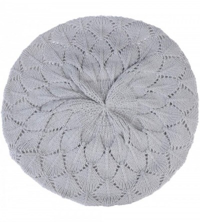 Berets Chic Soft Knit Airy Cutout Lightweight Slouchy Crochet Beret Beanie Hat - Silver Gray Leafy - CZ18L3R93IW $9.11