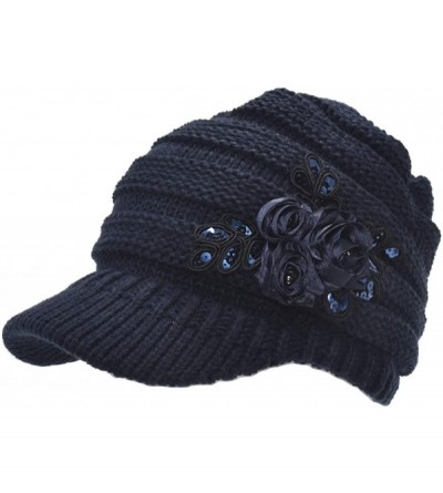 Skullies & Beanies Warm Cable Ribbed Knit Beanie Hat w/Visor Brim - Chunky Winter Skully Cap - Flower Navy - CM18A6U7H83 $12.10