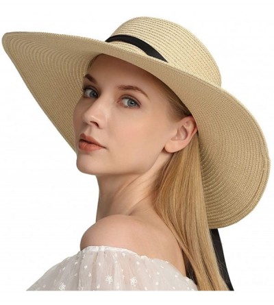 Sun Hats Womens Wide Brim Sun Bowknot Beach Hat Packable Sun Protection Straw Hat UPF50 - Beige - CT18QHDCM9M $13.55