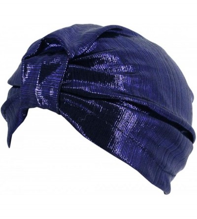 Skullies & Beanies Shiny Metallic Turban Cap Indian Pleated Headwrap Swami Hat Chemo Cap for Women - Sapphire Knot - C21925DS...