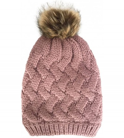 Skullies & Beanies Women Chunky Cable Knit Oversized Slouchy Baggy Winter Thick Beanie Hat Pom Pom - Mauve - CE1884Y62W9 $8.32