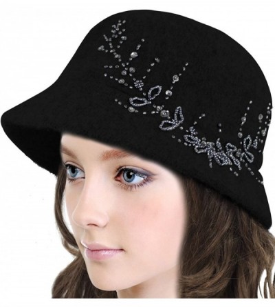 Bucket Hats Women's Wool Blend Hand Beaded Winter Bucket Hat/Cloche Hat - Black - CH12O3ME4T0 $47.58