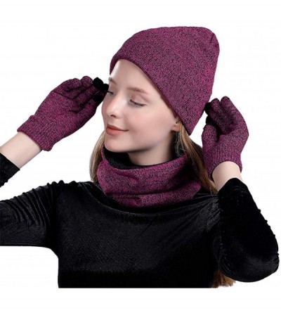 Skullies & Beanies 3 Pieces Knitted Hat Set Winter Thick Warm Knit Hat + Scarf + Touch Screen Gloves - Fuchsia - C118I05KEZW ...