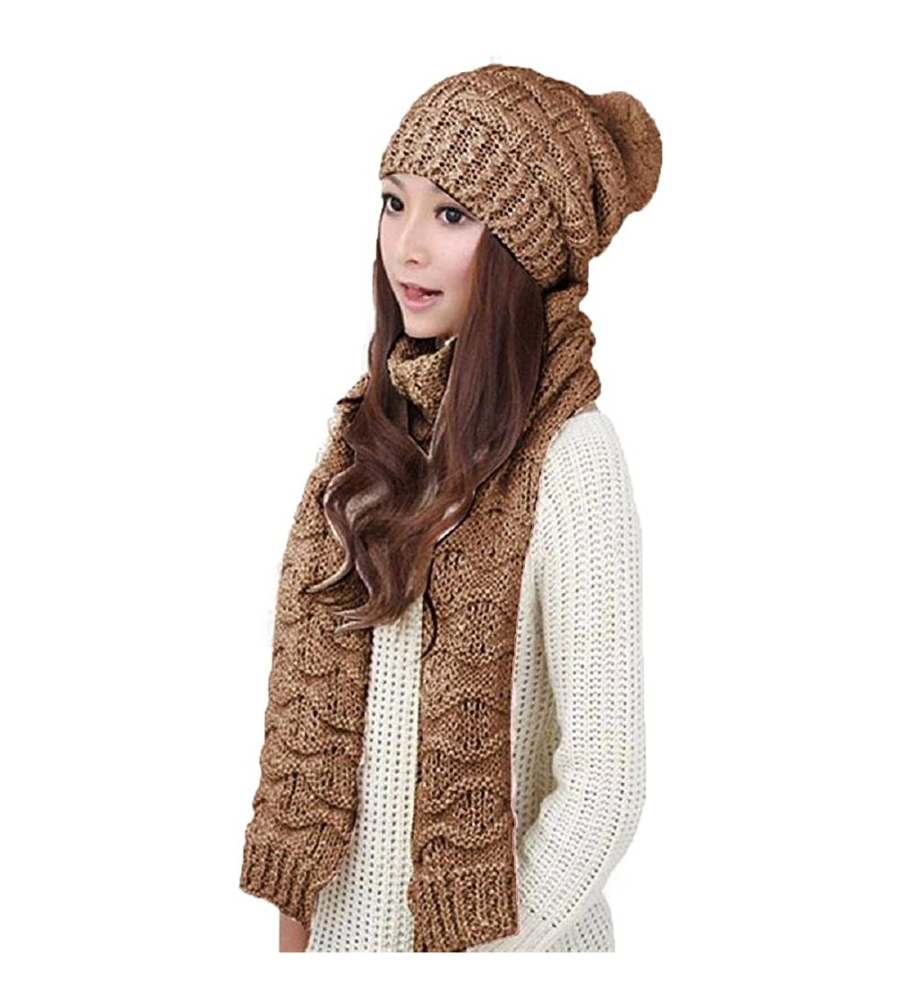 Skullies & Beanies Women Girls Knitted Hat Scarf Set Fashion Winter Warm Hat with Attached Scarf - Coffee - CH186A4N3D8 $11.26