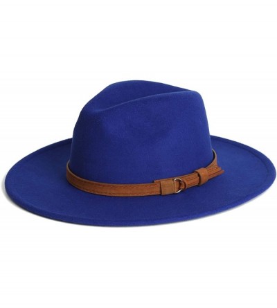 Fedoras Dantiya Men & Women Vintage Wide Brim Wool Fedora Panama Hat with Belt Buckle - Royal Blue - CE1922GL8H7 $13.82