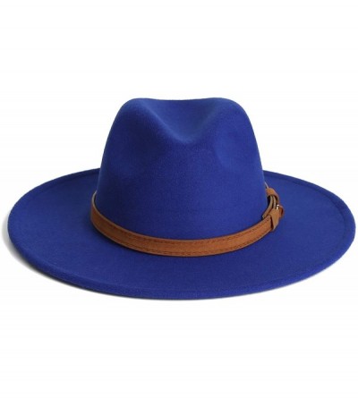 Fedoras Dantiya Men & Women Vintage Wide Brim Wool Fedora Panama Hat with Belt Buckle - Royal Blue - CE1922GL8H7 $13.82
