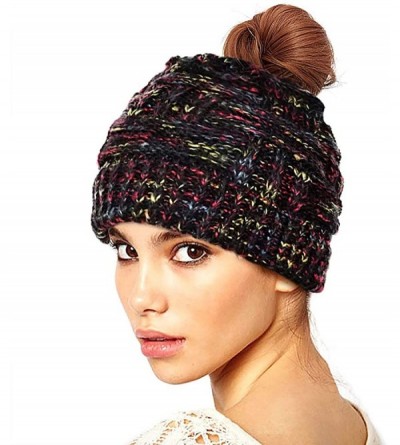 Skullies & Beanies Messy Bun Ponytail Beanie Hat Colored Dots Cable Knit Cap for Women Girls Winter - Black - CX18AQQO9EY $11.95
