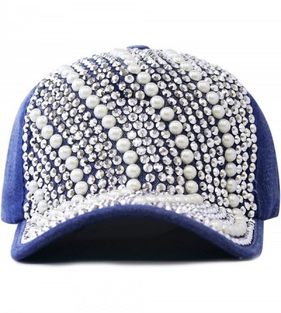Baseball Caps Women's Waved Design Beaded Bling Studed Cap Denim - CO125O4OWST $15.76