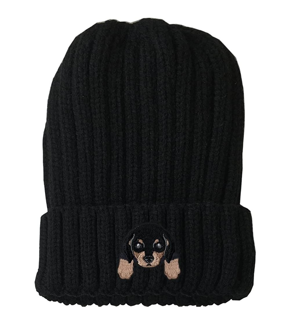 Skullies & Beanies [ Dachshund ] Cute Embroidered Puppy Dog Warm Knit Fleece Winter Beanie Skull Cap - Black - C4189RWK4UG $1...