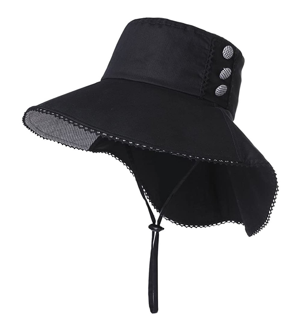 Sun Hats UV Protection Summer Sun Hat Women Packable Cotton Ponytail Chin Strap 55-59CM - 99034_black - CP18TIS76SG $16.53