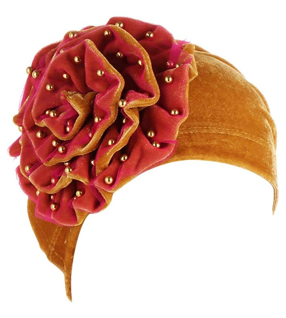 Skullies & Beanies Muslim Hat Pleated Twist Turbans for Women African Printing India Chemo Cap Hairwrap Headwear - Gold-a - C...