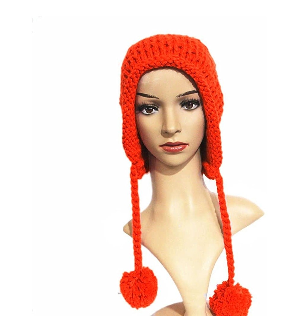 Skullies & Beanies Women Hat Handmade Crochet Braided Pompom Beanie Knit Caps Warm Winter - Orange - C3189X5YTWL $13.46