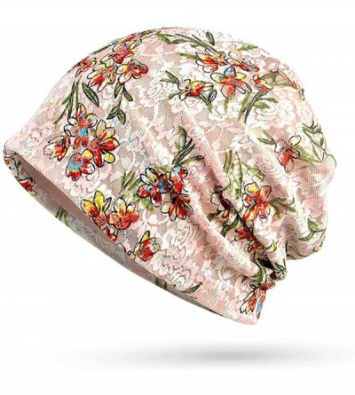 Skullies & Beanies Floral Lace Beanie Hat Chemo Cap Stretch Slouchy Turban Headwear - Flowers Beige - CM18CEHE6ZR $11.92