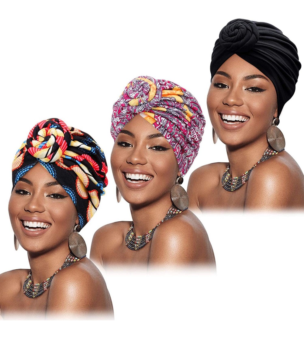 Skullies & Beanies 3 Pieces African Turban for Women Pre-Tied Flower Knot Headwrap Beanie Bonnet Cap - CY18AZWCDCR $17.31