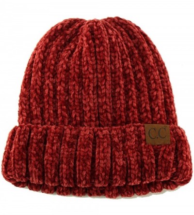 Skullies & Beanies Winter Soft Chenille Chunky Knit Stretchy Warm Ribbed Beanie Hat Cap - Burgundy - CU18I6O978A $11.42