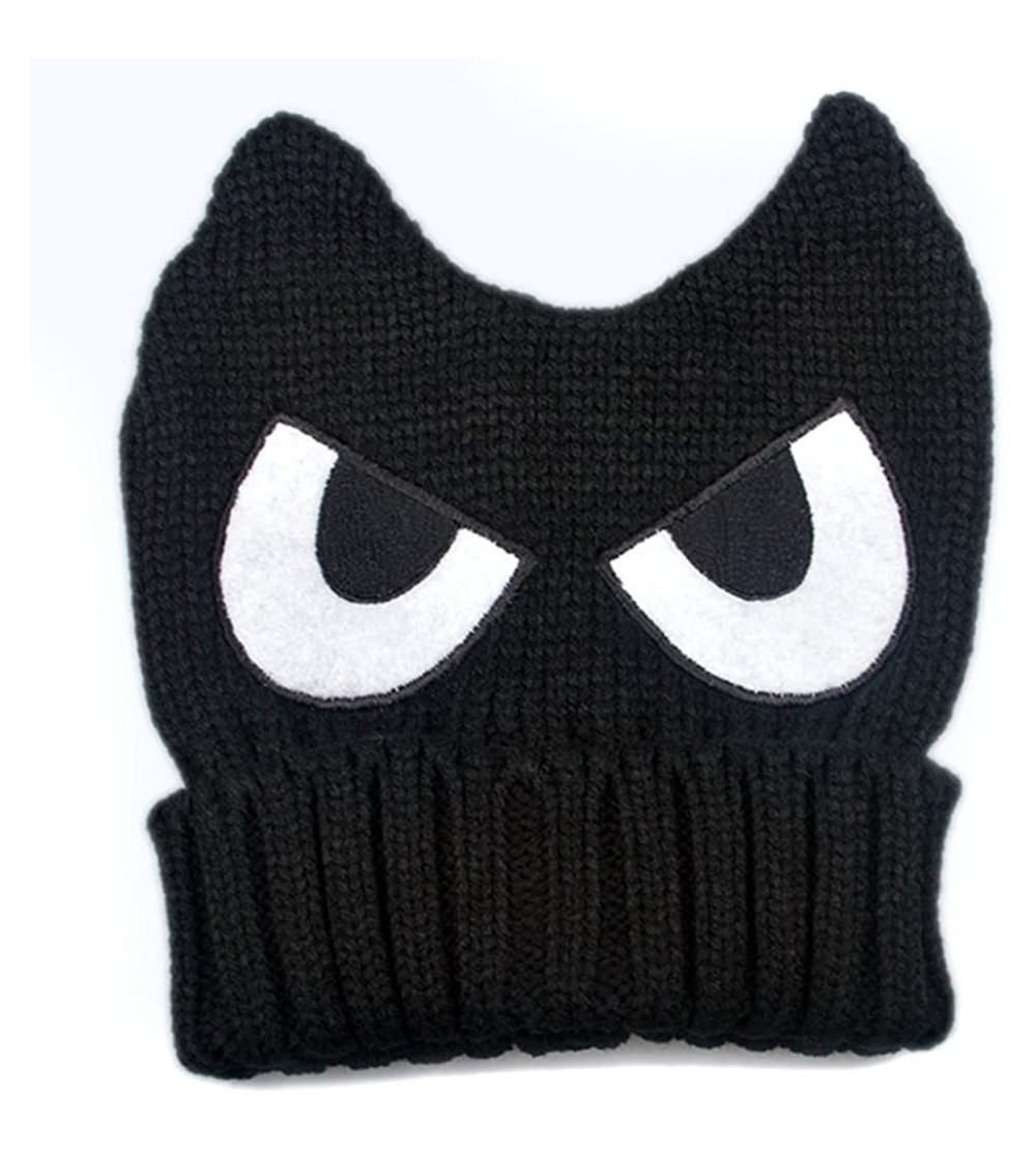 Skullies & Beanies Cute Big Eye Embroidery Devil Horn Cat Ear Knit Beanie Hat FFH223BLK - Black - CX11PAV5TOR $13.53