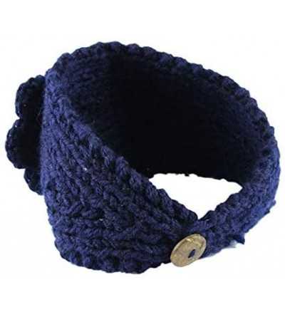 Cold Weather Headbands Fashion Women Crochet Button Headband Knit Hairband Flower Winter Ear Warmer Head Wrap - Dark Blue - C...