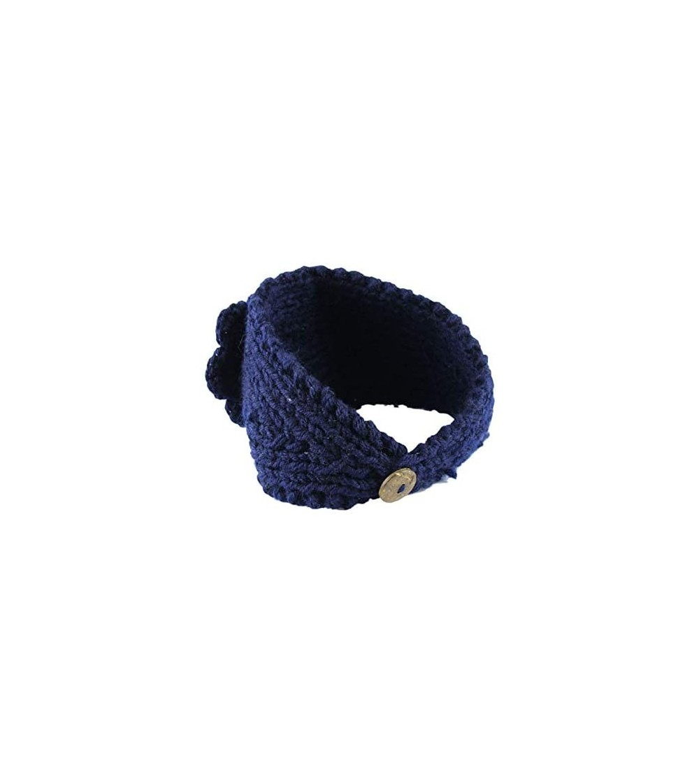 Cold Weather Headbands Fashion Women Crochet Button Headband Knit Hairband Flower Winter Ear Warmer Head Wrap - Dark Blue - C...