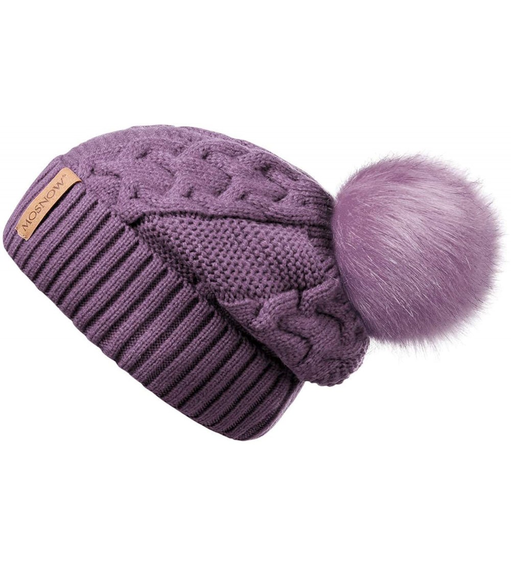 Skullies & Beanies Pompom Beanie for Women Thick Fleece Lined Skull Cap Slouchy Cotton Winter hat Ski Cable Cap - Purple - CO...