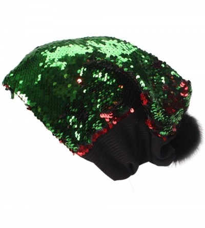Skullies & Beanies Sparkly Double Sided Sequin Slouchy Beanie for Winter- Cozy and Oversized with Faux Fur Pom Pom - Green - ...