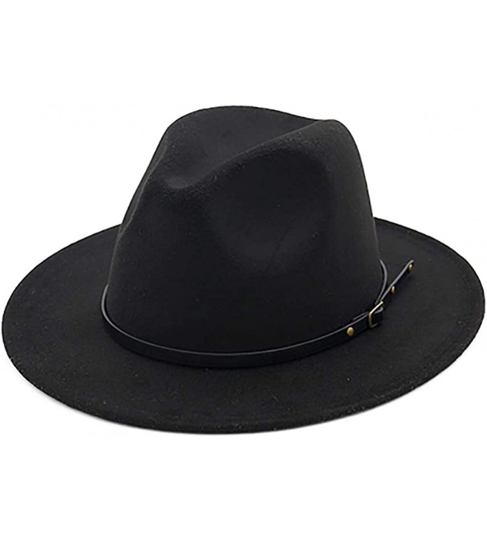 Fedoras Women's Woolen Wide Brim Fedora Hat Classic Jazz Cap with Belt Buckle - Black - CQ18H84TU92 $15.36