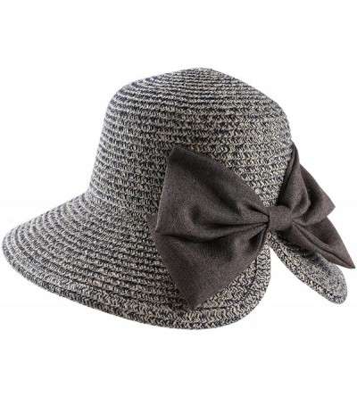 Sun Hats Women Straw Woven Bowknot Decor Panama Summer Beach Sun Hat Trilby Fedora - Navy Blue - CR18320IEU9 $13.83