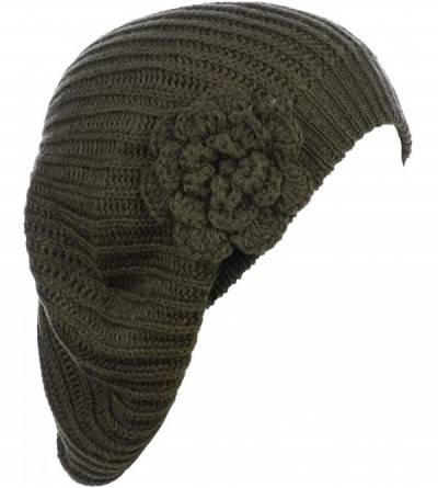 Berets Ladies Winter Solid Chic Slouchy Ribbed Crochet Knit Beret Beanie Hat W/WO Flower Adornment - CW18HDXMNRR $8.35