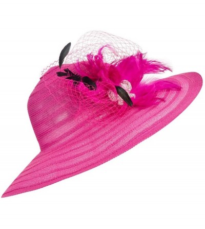 Sun Hats Womens Dress Church Kentucky Derby Wide Brim Feather Wedding Veil Sun Hat A265 - Hot Pink - CE11WUE2YD7 $20.89