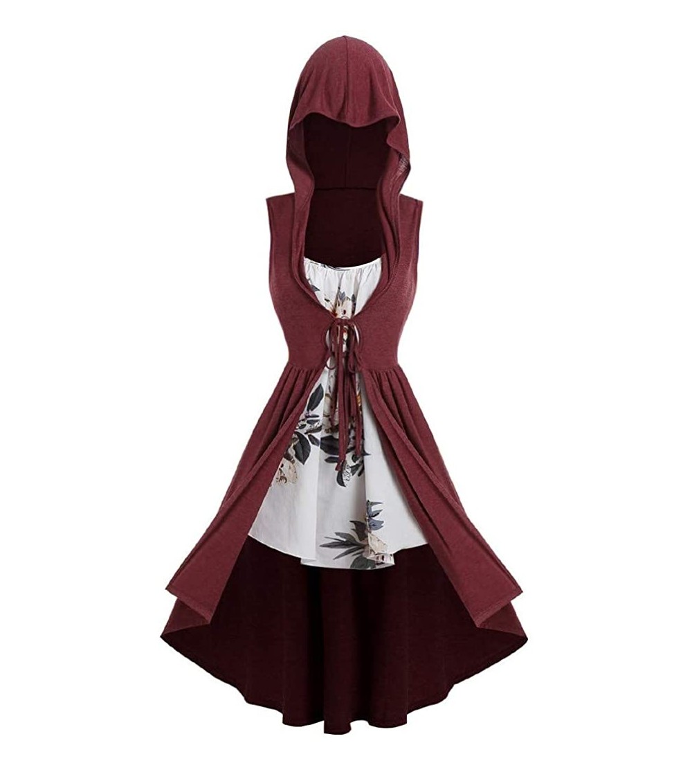 Berets Hooded Robe Vintage High Low Long Hoodie Front Tie Vest Cloak with Floral Cami Top - Winered - CQ18SQZ0YKM $12.75
