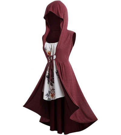 Berets Hooded Robe Vintage High Low Long Hoodie Front Tie Vest Cloak with Floral Cami Top - Winered - CQ18SQZ0YKM $12.75