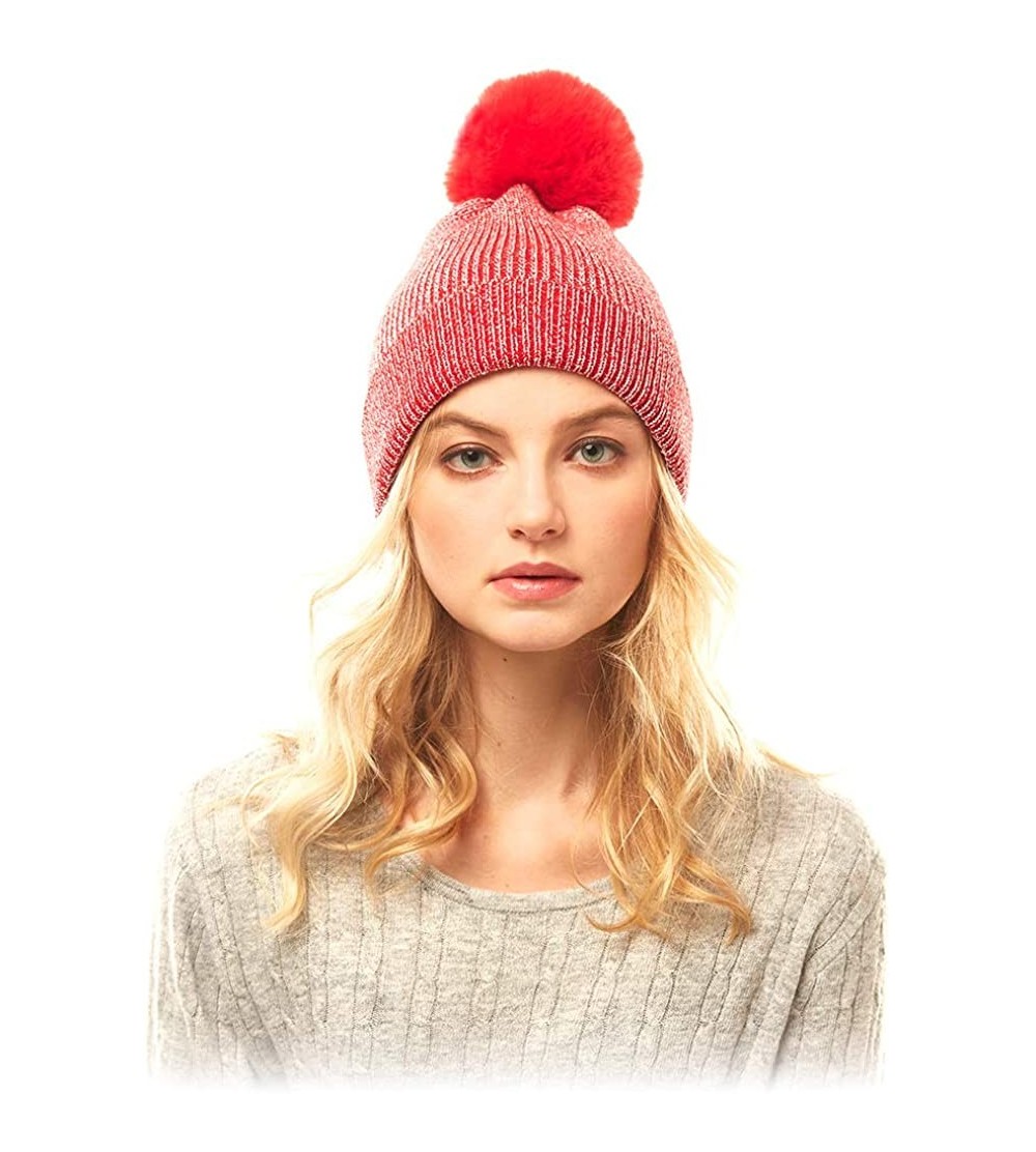Skullies & Beanies Me Plus Women Fashion Fall Winter Soft Cable Knitted Faux Fur Pom Pom Beanie Hat - Shiny Metallic - Red - ...
